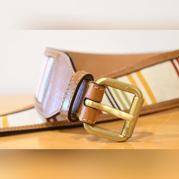 BALLY Stripe Canvas Leather Wide Waist Belt 34 - Picture 4 of 8